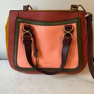 Fossil Brooke Leather Satchel Pink Multi Suede Mod Boho READ
